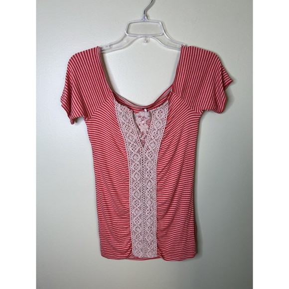 FREE PEOPLE Orange Striped Off Shoulder Short Sleeve Crochet Lace Women’s Top M - Picture 2 of 7